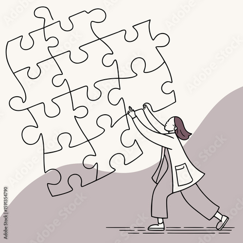 Two cartoon people putting together a large puzzle with white and red pieces in a collaborative effort