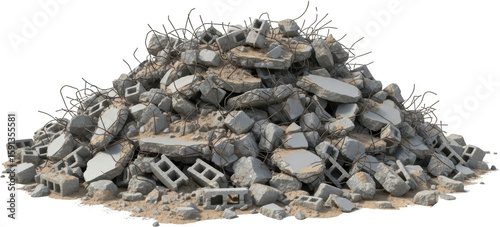 Tableau sur toile Pile of concrete debris with exposed rebar and cinder blocks rubble construction