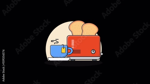 Toaster with Bread and Tea Cup. Breakfast Concept Animation Video - Transparent