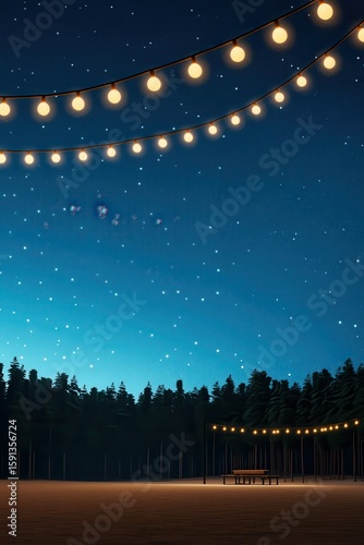 A tranquil evening scene with string lights and a starry sky.