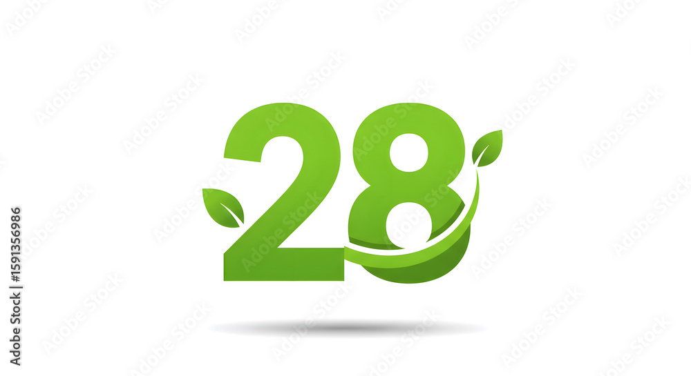 Green Number Twenty Eight with Leaves Design on White Background Green Number Twenty Eight with Leaves Design on White Background
