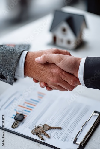 Professional Businessmen Shaking Hands Over Real Estate Documents in Office Setting