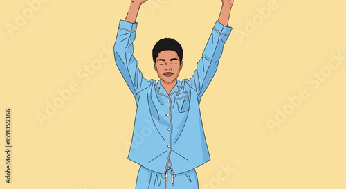Person in Blue Pajamas Stretching Arms Upward with Eyes Closed.