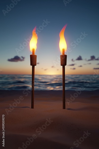 Tropical beach scene with torches and sunset illuminating waves.
