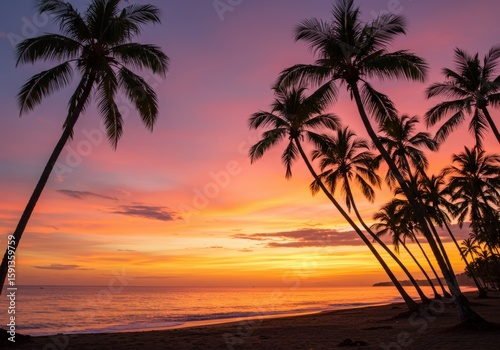 Tropical sunset paradise beach with palm trees, turquoise ocean, and sunny sky perfect for a summer vacation, turquoise ocean, and sunny sky perfect for a summer vacation