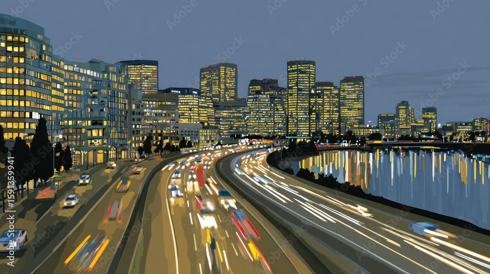 Fototapeta premium Illuminated city highway at twilight.