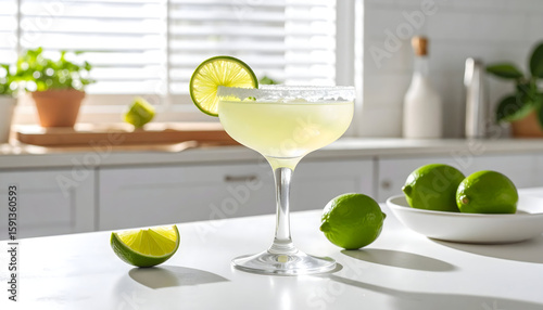 Refreshing Margarita Cocktail with Limes on Kitchen Counter