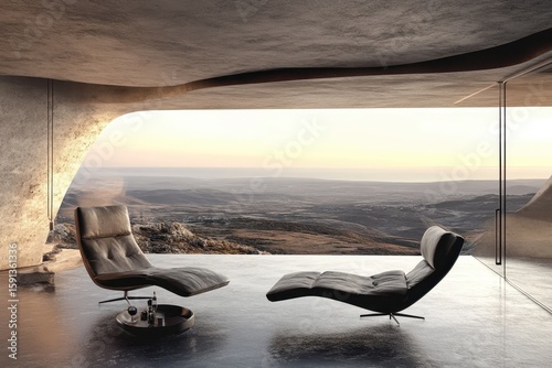 Modern lounge chairs in a contemporary concrete interior with panoramic views.