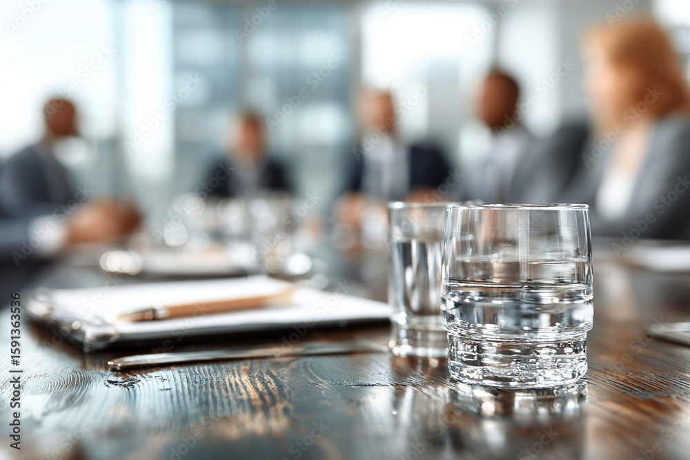 Boardroom table with glasses and notepads
