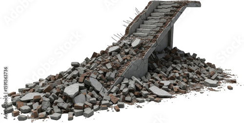Canvastavla Debris pile with broken concrete steps and scattered bricks isolate rubble