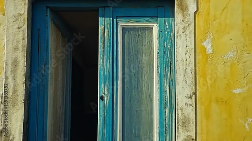 Aged blue window on a weathered yellow wall
