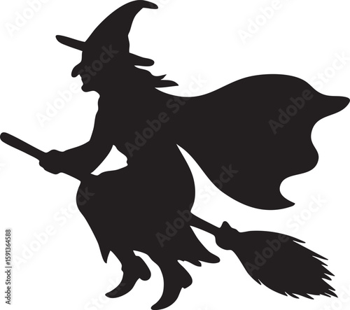Vector Silhouette of a Witch Flying on a Broomstick with Pointed Hat and Flowing Cape on White Background