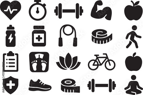 Fitness icons set vector illustration featuring black silhouettes of gym and food symbols