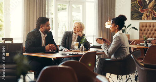 Meeting, coffee and business people in cafe with discussion for investment planning in collaboration. Cappuccino, conversation and finance advisors with manager for corporate review in restaurant.