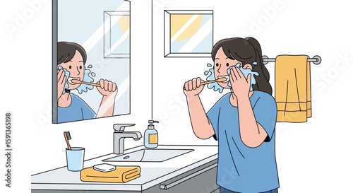 Woman Brushing Teeth in Bathroom, Reflected in Mirror, Morning Routine.