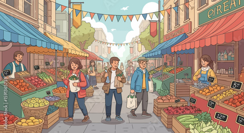 Vibrant street market scene with shoppers, vendors, fresh produce, and colorful awnings