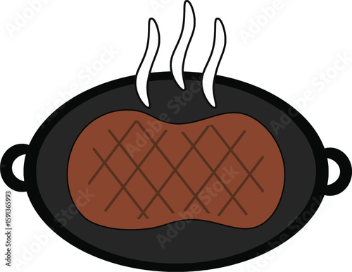 Vector illustration of a grilled steak served on a hotplate with visible steam rising