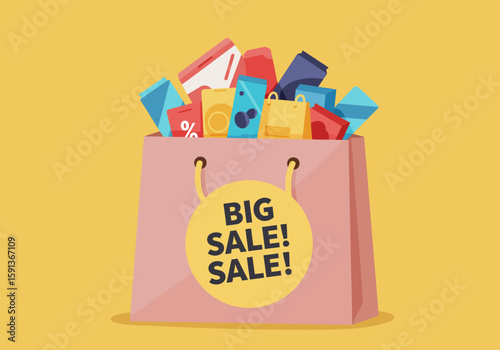 A vibrant illustration depicts a shopping bag overflowing with various items, prominently displaying a 'Big Sale!' tag against a sunny yellow backdrop, perfect for promotional materials.