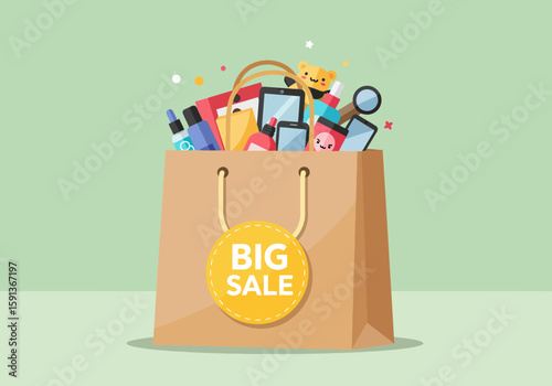 An overflowing brown paper shopping bag with a 'BIG SALE' tag, filled with diverse consumer products, set against a clean green background, symbolizing retail discounts.