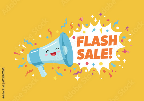 Cute cartoon megaphone announces a flash sale with colorful confetti and sparkles on a yellow background, ideal for marketing and advertising materials.