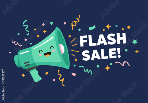 A cheerful green megaphone with a cute face announces a "FLASH SALE!" surrounded by colorful confetti and stars on a dark background, perfect for promotions.