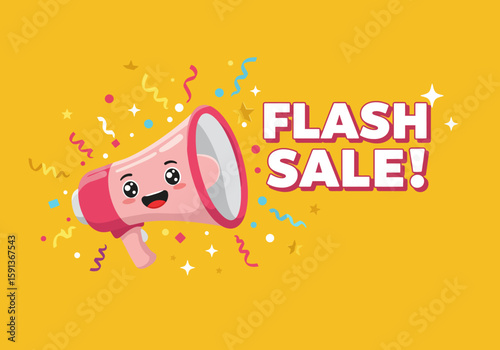 A cheerful cartoon megaphone announces a flash sale amid confetti and sparkles on a bright yellow background, perfect for advertising and promotional materials.