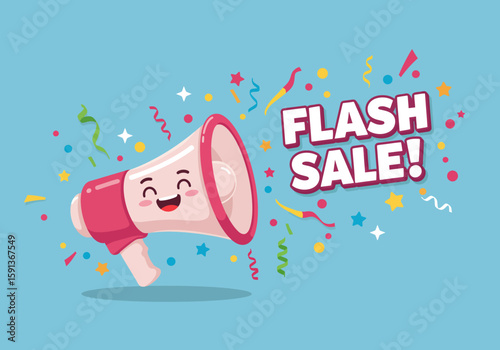 A cheerful cartoon megaphone with a happy face announces an exciting "Flash Sale!" surrounded by colorful confetti on a vibrant blue background.