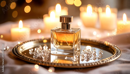 Romantic Perfume Bottle on Tray with Candlelight – Elegant Fragrance Display
