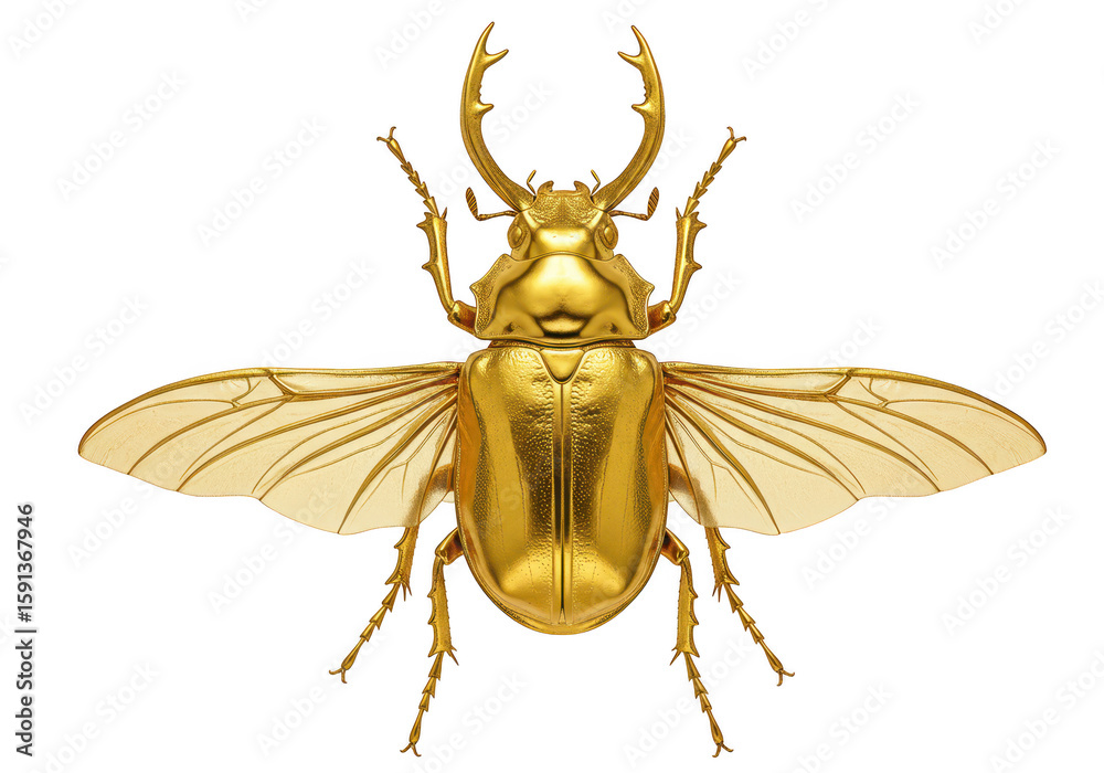 Obraz premium A shiny golden beetle with large horns and spread wings, isolated on a transparent background