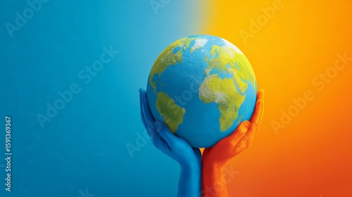 Colorful hands hold the Earth, symbolizing global unity and environmental care.