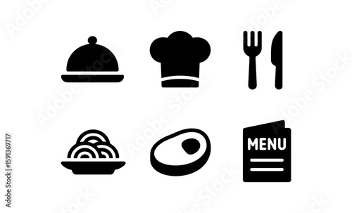 Restaurant icons: chef, dining, and food elements in simple black silhouette