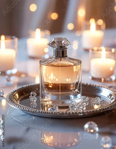 Luxury Perfume Bottle on Elegant Tray with Candles – Romantic Beauty Still Life
