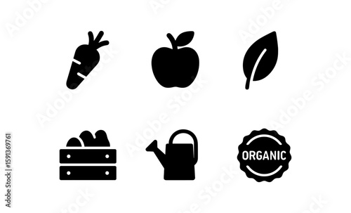 Silhouette icons of organic farming: vegetables, fruits, and tools