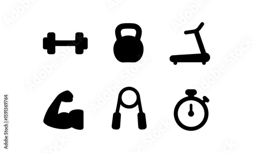 Gym equipment silhouettes: kettlebell, dumbbell, treadmill, stopwatch, and more