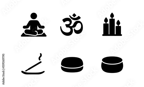 Meditation symbols and icons: om, yoga, candles, incense, cushions in silhouette style