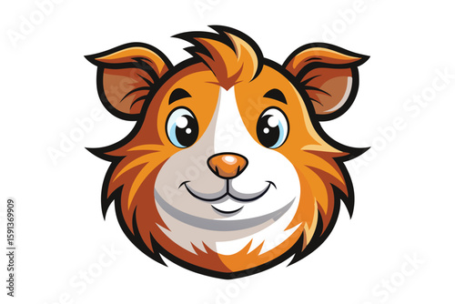 Adorable orange hamster cartoon face smiling cheerfully with bright blue eyes on clear background