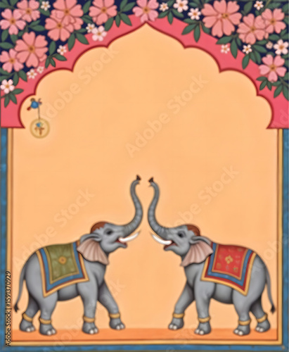 Mughal Wedding Invitation Card – Two Adorned Elephants under Floral Archway with Ornate Border Vector for Marriage Celebration and Traditional Indian Decor