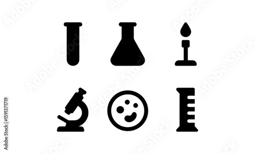 Black silhouette chemistry icons: test tube, flask, bunsen burner, microscope, petri dish, ruler