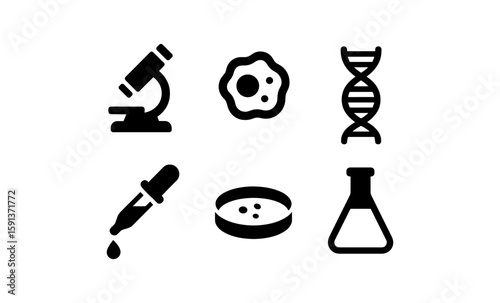 Science icons set: microscope, cell, dna, pipette, petri dish, beaker
