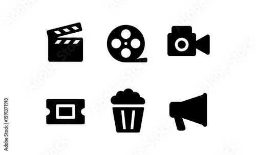 Film and cinema icons in minimalist silhouette style for multimedia projects