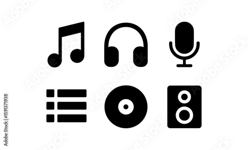 Simple music icon collection featuring speaker, microphone, and headphones