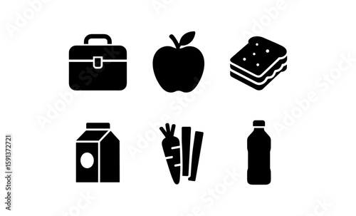 Set of lunchbox essentials icons: sandwich, apple, milk, juice, carrot, briefcase