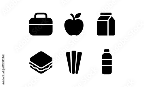 Collection of lunch box icons featuring food and drink silhouettes