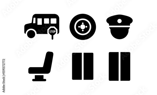 School transportation icons: bus, stop sign, driver cap, and bus seat symbols