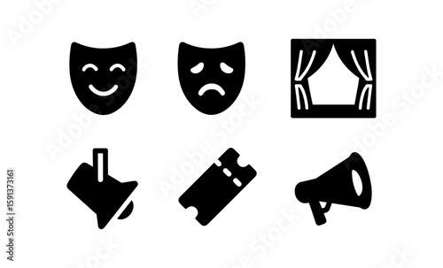 Black silhouette set of theater icons including masks and stage elements
