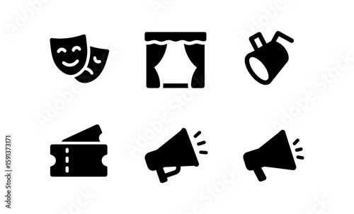 Set of theater icons: masks, curtains, lights, tickets, and megaphones in black silhouette style