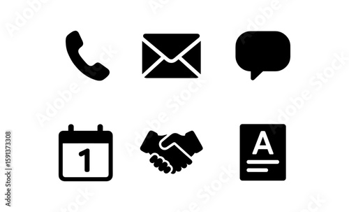 Essential communication and business icons in bold silhouette style