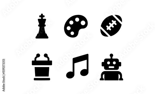 Set of solid icons: chess, palette, football, podium, music note, robot