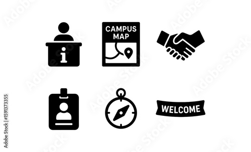 Information desk icons: campus map, handshake, id badge, compass, welcome