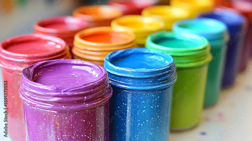 Sparkling Rainbow Paint Jars in Artistic Arrangement Sparkling Rainbow Paint Jars in Artistic Arrangement